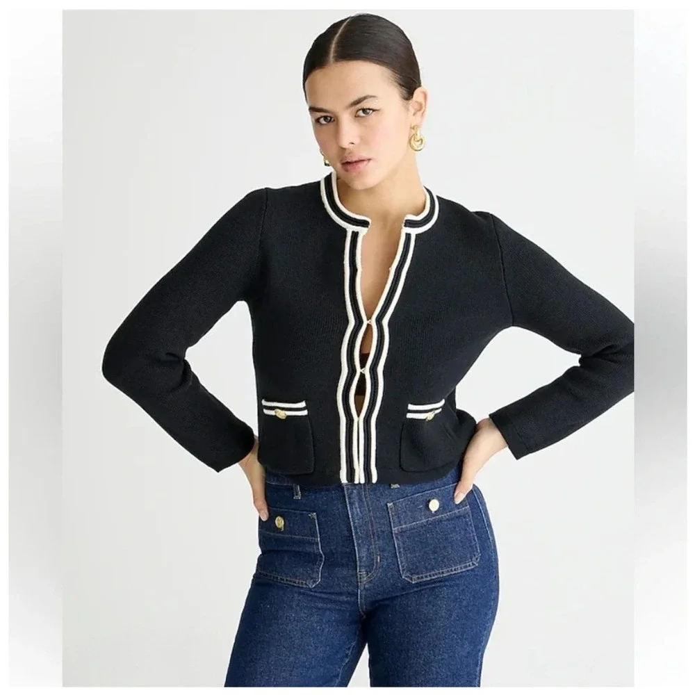 J. Crew Emilie Contrast Trim‎ Gold Button Sweater Jacket Black White Women XXS